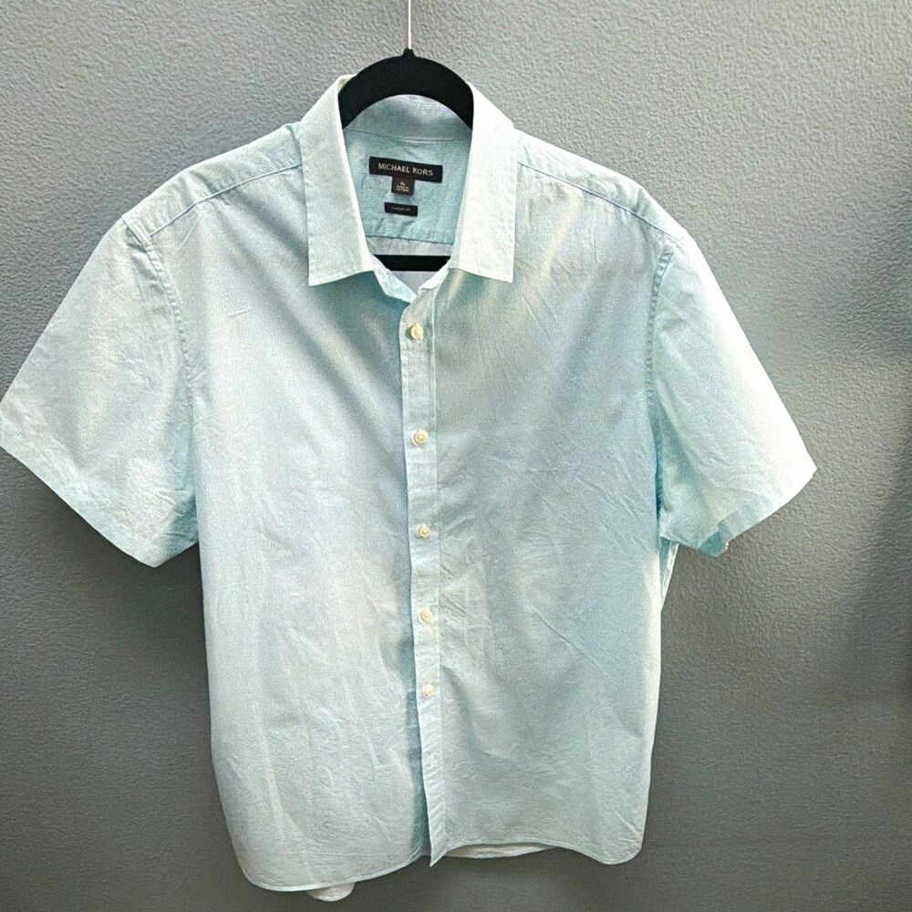 Michael Kors Men’s XL Light Blue Geometric Short Sleeve Button-Up Shirt Classic